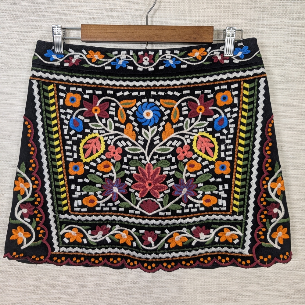 Emory Park Embroidered Black Denim Mini Skirt Intricate Colorful Eclectic
